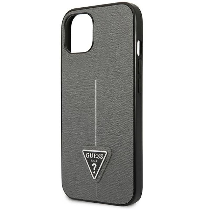 6. Etui Guess Saffiano Triangle Logo na iPhone 14 - srebrne