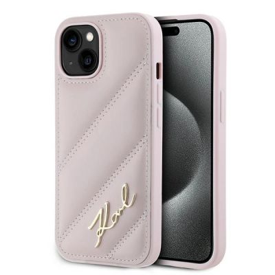 Etui Karl Lagerfeld Diagonal Quilted Script na iPhone 15 Plus / 14 Plus - różowe