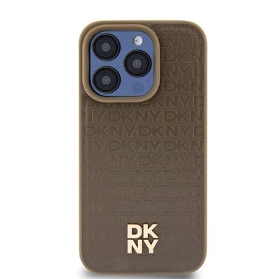 3. Etui DKNY Leather Monogram Pattern Metal Logo MagSafe na iPhone 15 Pro - brązowe