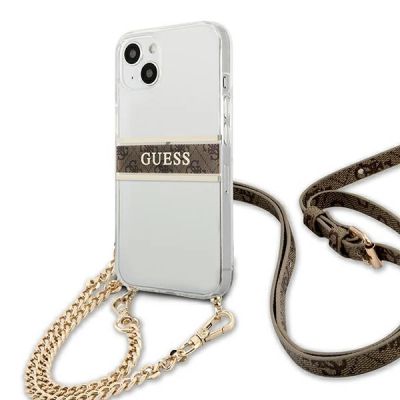 2. Etui Guess 4G Brown Strap Gold Chain na iPhone 13 mini - przezroczyste