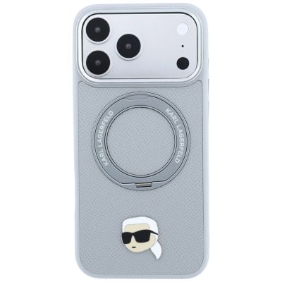 3. Etui Karl Lagerfeld with Ring Stand 360 Karl Head Pin MagSafe na iPhone 18 Pro Max / 17 Pro Max - szare