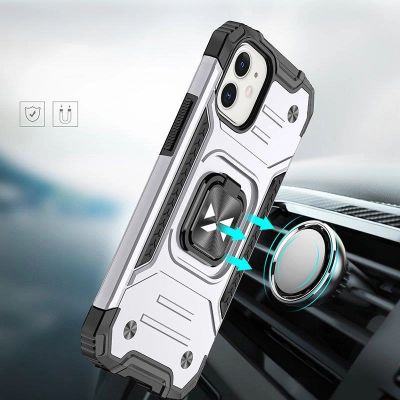6. Wozinsky Ring Armor etui iPhone 14 pancerny pokrowiec uchwyt magnetyczny ring srebrne