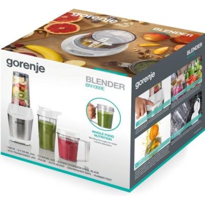 6. Blender Gorenje BN1000E, blat stołu, moc 1000 W, materiał słoika Tritan, pojemność słoika 0,75 L, kruszenie lodu, biały