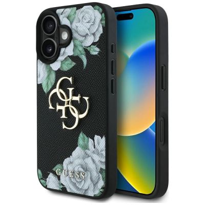 Etui Guess Grained Roses Big 4G logo na iPhone 16 - czarne