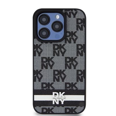 3. Etui DKNY Leather Checkered Mono Pattern & Printed Stripes na iPhone 15 Pro - czarne