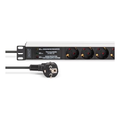 5. Listwa zasilająca PDU Rack 19" zab. przeciwprzepięciowe+filtr EMI/RFI, 7 gniazd Schuko CEE 7/3 (45°), kabel 2m wtyk Unischuko CEE 7/7, 16A, aluminiowa