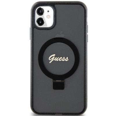 3. Etui Guess Ring Stand Script Glitter MagSafe na iPhone 11 / Xr - czarne