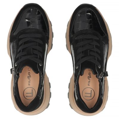 5. Skórzane sneakersy damskie na koturnie lakierowane czarne Filippo DP7988