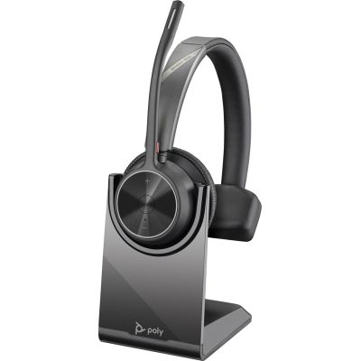 8. POLY Jednouszny zestaw słuchawkowy USB A Voyager 4310 + przejściówka BT700 USB-A + podstawka ładująca