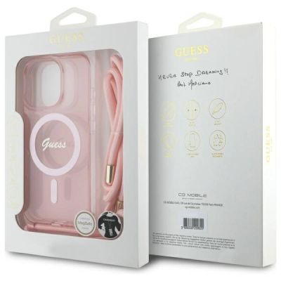 7. Etui Guess Crossbody Cord Script MagSafe na iPhone 16 Pro - różowe