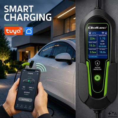 5. Qoltec Ładowarka do samochodu elektrycznego EV i hybryd z regulacją 2w1 Typ2 | 3.5kW | 230V | SCHUKO 16A | Wi-Fi | Tuya | Smart life | LCD |  5m