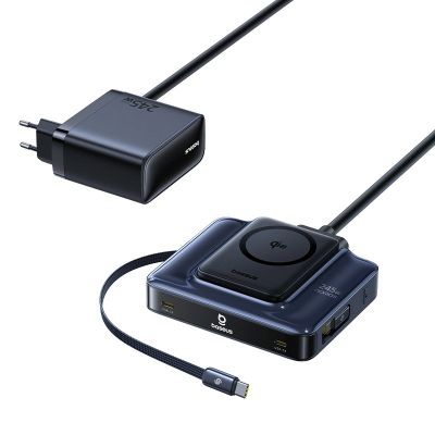 2. Stacja ładująca Baseus Nomos NH21 6w1 245W bezprzewodowa z dwoma zwijanymi kablami USB-C - czarna