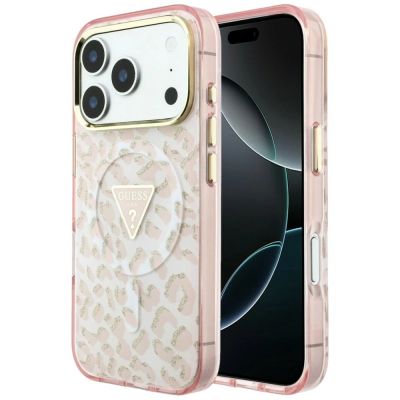 Etui Guess IML Leopard Glitter Triangle Logo MagSafe na iPhone 17 Pro / 18 Pro - różowe