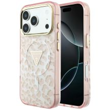 Etui Guess IML Leopard Glitter Triangle Logo MagSafe na iPhone 17 Pro / 18 Pro - różowe