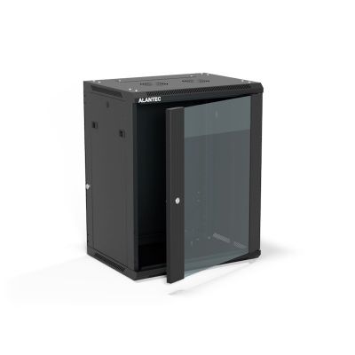 Szafa wisząca 19" 15U 600x450, (opcja dwusekcyjna) drzwi szklane jednoskrzydłowe, tył osłona pełna demontowalna, osłony boczne pełne demontowalne zamykane na klucz, 4 belki, kolor czarny, do samodzielnego montażu - Flat Pack, ALANTEC