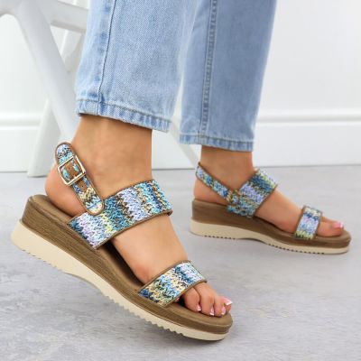 6. Sandały damskie na koturnie niebieska plecionka Potocki  45302