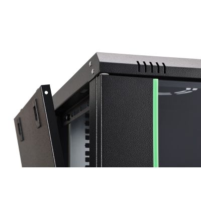 8. Szafa sieciowa wisząca DYNAmic 19" 9U rack 600x450, drzwi szyba, czarny, niedzielona, złożona, 60kg