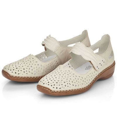 19. Skórzane półbuty damskie na rzep ażurowe beżowe Rieker 41399-14