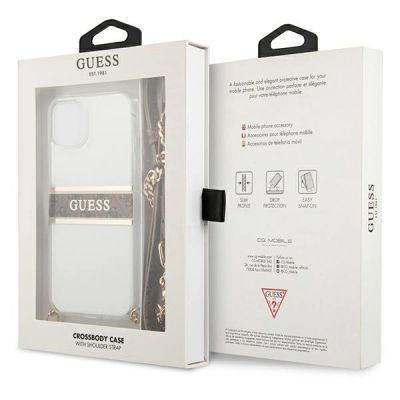 8. Etui Guess 4G Brown Strap Gold Chain na iPhone 13 mini - przezroczyste