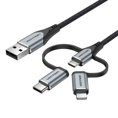 4. Kabel Vention USB-A  3w1 Micro-B USB-C Lightning 1m szary
