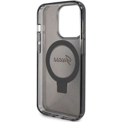 7. Etui Guess Ring Stand Script Glitter MagSafe na iPhone 15 Pro Max - czarne