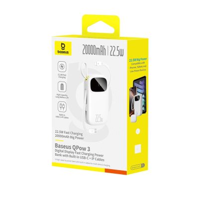 4. Powerbank Baseus EnerFill FC31 20000mAh 22.5W z wyświetlaczem cyfrowym i 2 wbudowanymi kablami (USB-C + Lightning) - biały