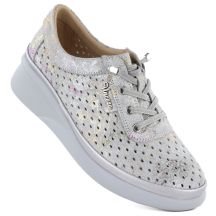 Skórzane półbuty damskie ażurowe na koturnie szare Vinceza 79603