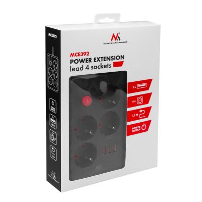 5. MACLEAN LISTWA ZASILAJĄCA, PRZEDŁUŻACZ 4 GNIAZDA + 3XUSB, 110-240V AC 50/60HZ, 2.1A MAX 2500W, 1,5M, CZARNA MCE392 B