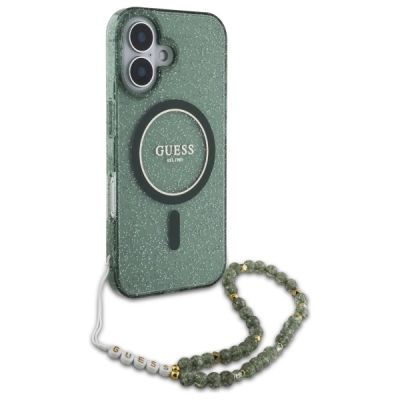 3. Etui Guess IML Glitter With Pearl Strap MagSafe na iPhone 16 Plus - zielone