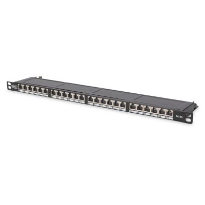 9. Panel krosowy high density 19'' 24x RJ45, LSA poziom, kat.6, ekranowany, 0.5U, czarny, prowadnica kabli