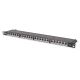 9. Panel krosowy high density 19'' 24x RJ45, LSA poziom, kat.6, ekranowany, 0.5U, czarny, prowadnica kabli