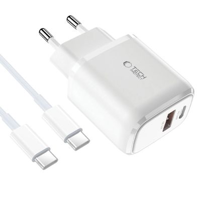 2. Ładowarka Tech-Protect C20W sieciowa USB-C PD 20W / USB-A QC 3.0 z kablem USB-C / USB-C - biała