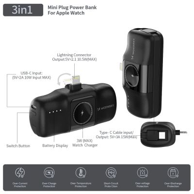 12. Mini powerbank Wozinsky WF16-YLS 5000mAh 15W Lightning z wbudowanym kablem USB-C i ładowarką do Apple Watch - czarny