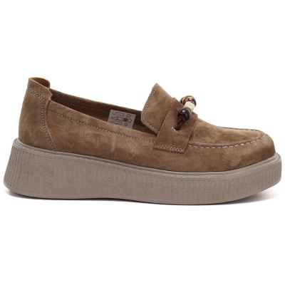2. Skórzane półbuty damskie mokasyny na platformie z koralikami camel Vinceza 79649