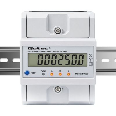 15. Qoltec 50980 Trójfazowy elektroniczny licznik z resetem | miernik zużycia energii na szynę DIN | 400V | 100A | LCD | LED | 4P