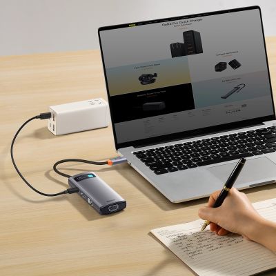 7. Baseus Metal Gleam Series stacja dokująca HUB 7 w 1 USB Typ C - 1 x HDMI / 1 x VGA / 3 x USB 3.2 Gen. 1 / 1 x Power Delivery / 1 x RJ-45 Ethernet szary (WKWG040013)