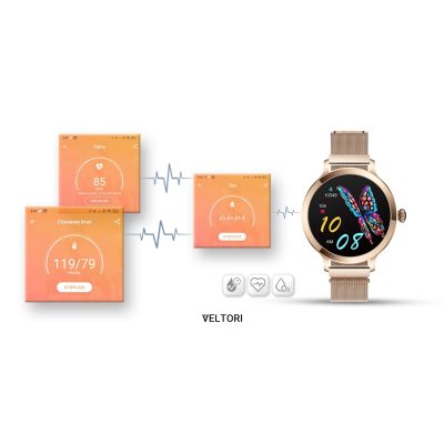 16. Smartwatch Damski VELTORI VT340-1 Złota Bransoleta + Różowy Pasek Silikonowy