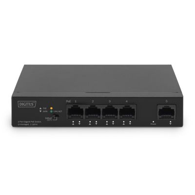 2. Digitus Przełącznik Gigabit Ethernet PoE, 4 porty PoE + 1 port uplink, dostępna moc zasilania PoE: 60 W