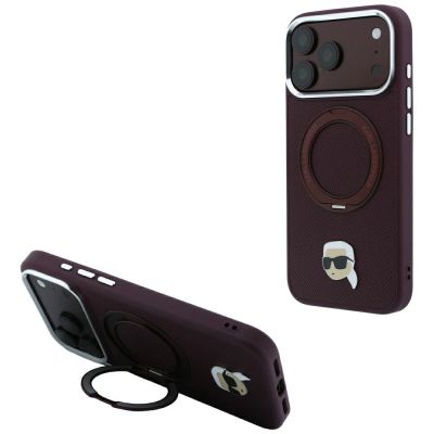 Etui Karl Lagerfeld with Ring Stand 360 Karl Head Pin MagSafe na iPhone 18 Pro / 17 Pro - burgundowe