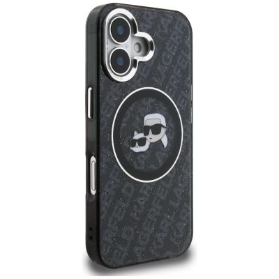 4. Etui Karl Lagerfeld IML Glitter Karl & Choupette Heads Logo MagSafe na iPhone 16 - czarne