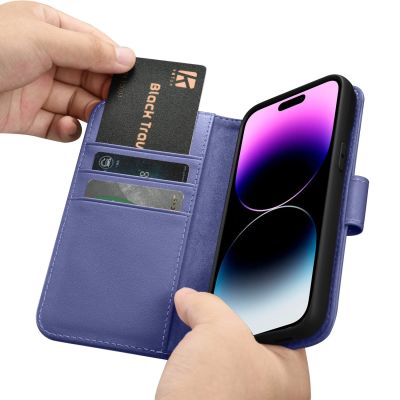 16. iCarer Wallet Case 2in1 etui iPhone 14 Pro skórzany pokrowiec z klapką Anti-RFID jasnofioletowy (WMI14220726-LP)