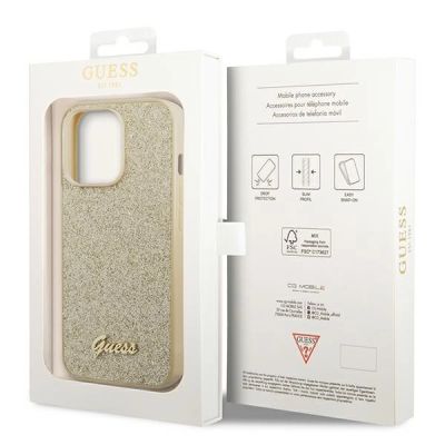8. Etui Guess Glitter Script na iPhone 14 Pro - złote