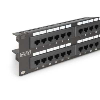 4. Digitus Panel krosowy (patch panel) 19'' 48x RJ45, LSA pion, kat.6, nieekranowany, 2U, czarny, prowadnica kabli, pola opisowe