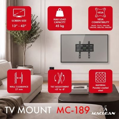 10. MACLEAN UCHWYT WIESZAK DO TV 13-43'' UCHWYT / WIESZAK DO TV MACLEAN, MAX VESA 200X200, 13-43", DO 45KG, CZARNY, REG. POCHYŁU
