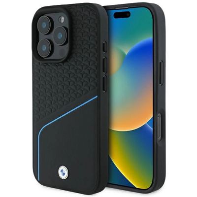 Etui BMW Signature Leather Textured & Line MagSafe na iPhone 16 Pro - czarne