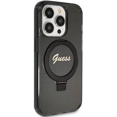 4. Etui Guess Ring Stand Script Glitter MagSafe na iPhone 15 Pro Max - czarne