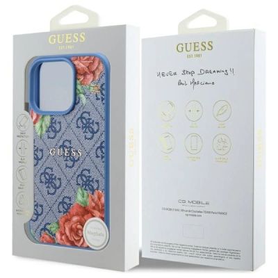 8. Etui Guess 4G Flowers Print MagSafe na iPhone 16 Pro - niebieskie