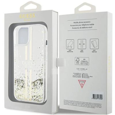 8. Etui Guess Liquid Glitter Gold Stripes na iPhone 15 Plus / 14 Plus - przezroczyste