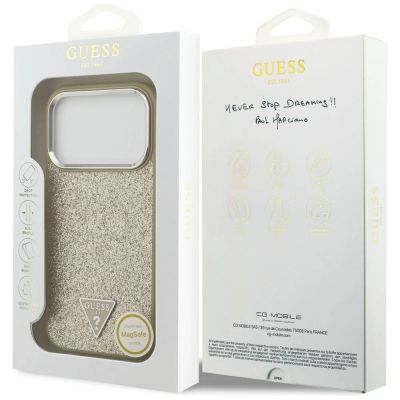 8. Etui Guess Glitter Triangle Logo MagSafe na iPhone 17 Pro - złote