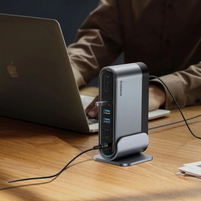 19. Stacja dokująca USB-C Baseus UnionJoy 2xHDMI4K@60Hz 1xDP4K@60Hz 3xUSB-A3.0 2xUSB-C3.0 2xUSB-A2.0 1xRJ45 PD PC 1xSD+TF 1x3.5mm minijack - szara